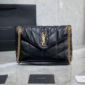 Yves Saint Laurent Black Leather Shoulder Bag with Gold Chain